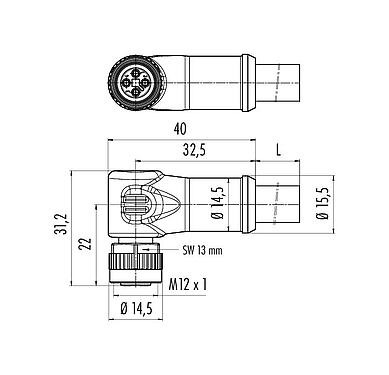 Scale drawing 77 0634 0000 50704-0200 - M12 Female angled connector, Contacts: 4, unshielded, moulded on the cable, IP68, PUR, black, 4 x 1.50 mm², 2 m