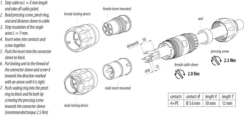 Assembly instructions Bayonet Male cable connector, Contacts: 4+PE, unshielded, screw clamp, IP67, UL 2238 (in preparation), UV resistant