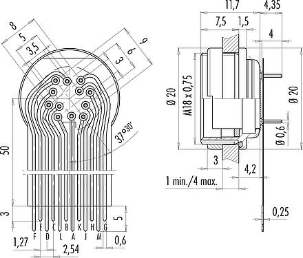 Connection & dimensions M16 Female panel mount connector, Contacts: 12 (12-a), unshielded, THT, IP67, M18x0,75, Rear mounting