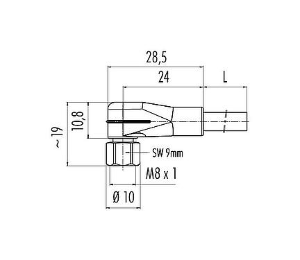 Scale drawing M8 Female angled connector, Contacts: 8, unshielded, moulded on the cable, IP67/IP69K, UL 2238, PVC, grey, 8 x 0.25 mm², stainless steel, 2 m