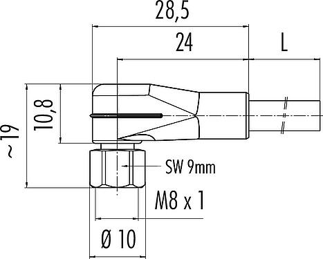 Dibujo a escala M8 Conector hembra en ángulo, Número de contactos: 3, sin blindaje, moldeado en el cable, IP67/IP69K, UL 2238, PVC, gris, 3 x 0,34 mm², Acero inoxidable, 2 m