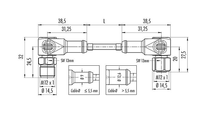 Dibujo a escala M12 Cable de conexión conector macho en ángulo - conector hembra en ángulo, Número de contactos: 5, sin blindaje, moldeado en el cable, IP67/IP69K, UL 2238, Ecolab, PVC, gris, 5 x 0,34 mm², Industria alimentaria, Acero inoxidable, 2 m