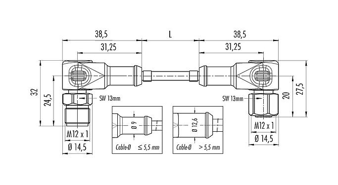 Scale drawing 77 3734 3727 40404-0200 - M12/M12 Connecting cable male angled connector - female angled connector, Contacts: 4, unshielded, moulded on the cable, IP69K, Ecolab, FDA compliant, Special TPE, grey, 4 x 0.34 mm², Food & Beverage, stainless steel, 2 m