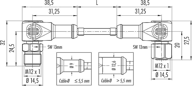 Dessin coté M12 Câble de raccordement connecteur mâle coudé - connecteur femelle coudé, Contacts: 8, non blindé, surmoulé sur le câble, IP67/IP69K, UL 2238, Ecolab, PVC, gris, 8 x 0,25 mm², Industrie alimentaire, Acier inoxydable, 5 m