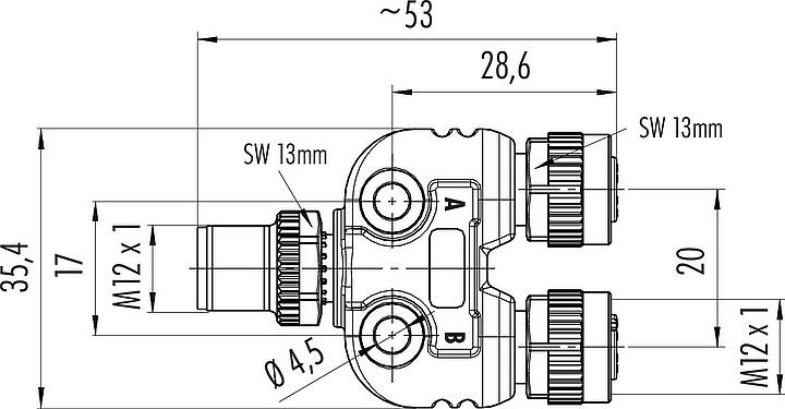 Scale drawing M12 Twin distributors Y-distributor, male connector - 2 female connector, Contacts: 4/3, unshielded, pluggable, IP68, UL 2238