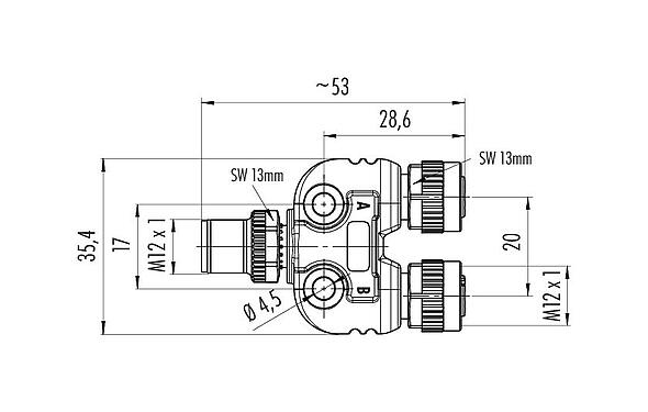 Scale drawing 79 5236 40 05 - M12 Twin distributor, Y-distributor, male M12x1 - 2 female M12x1, Contacts: 5, unshielded, pluggable, IP68, UL