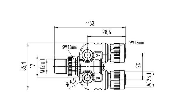 Dessin coté M12 Répartiteur double, Y-distributeur, mâle - 2 femelle, Contacts: 4/3, non blindé, enfichable, IP68, UL 2238