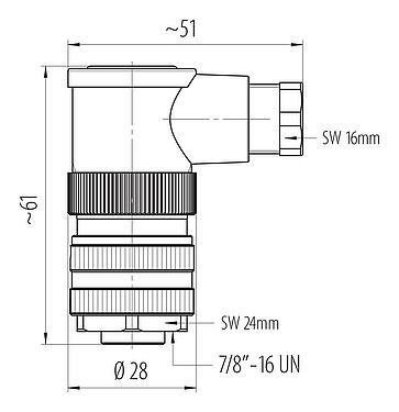 Dibujo a escala 7/8" Conector hembra en ángulo, Número de contactos: 3+PE, 6,0-8,0 mm, sin blindaje, tornillo extraíble, IP67, UL 2238, VDE