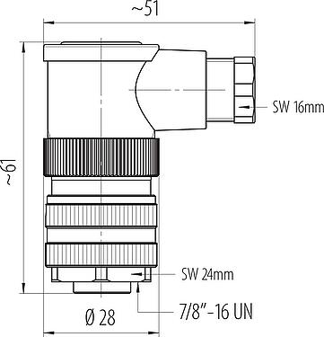 Dessin coté 7/8" Connecteur femelle coudé, Contacts: 2+PE, 6,0-8,0 mm, non blindé, pince à visser, IP67, UL 2238, VDE
