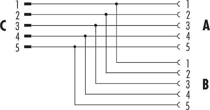 Pin assignment plans M12 Twin distributors Y-distributor, male connector - 2 female connector, Contacts: 5, unshielded, pluggable, IP68, UL 2238, stainless steel