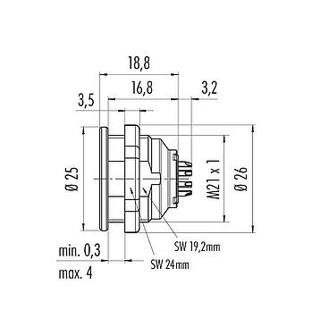 Scale drawing Push Pull Female panel mount connector, Contacts: 12, unshielded, solder, IP40, M21x1,0, Front mounting