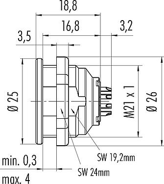 Dibujo a escala Push Pull Toma de brida, Número de contactos: 12, sin blindaje, soldadura, IP67, M21x1,0, Montaje frontal