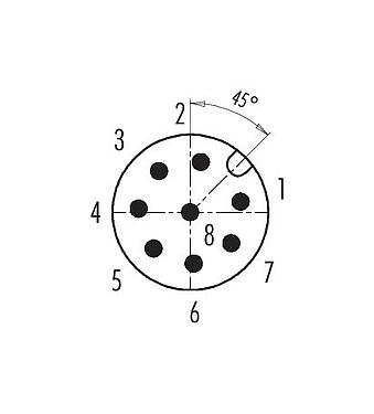 Disposition des contacts (Côté plug-in) 99 0487 186 08 - M12 Duo-connecteur mâle, Contacts: 8, 2 x câble Ø 2,1-3,0 mm ou Ø 4,0-5,0 mm, non blindé, pince à visser, IP67, UL