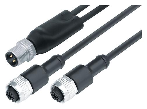 Illustration M12 Male cable splitter - 2 female cable connectors, Contacts: 4/3, unshielded, moulded on the cable, IP68, UL 2238, PUR, black, 3 x 0.34 mm², 2 m