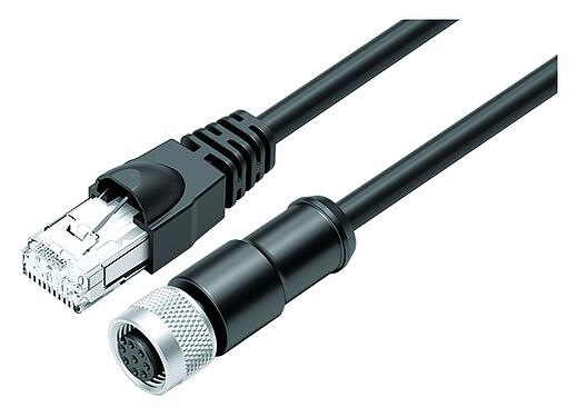 Illustration M12/RJ45 Connecting cable female cable connector - RJ45 connector, Contacts: 8, shielded, molded/crimp, IP67, Ethernet CAT5e, TPE, black, 4 x 2 x AWG 24, 0.3 m