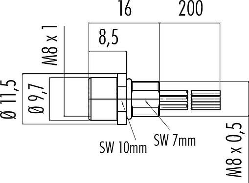 Dessin coté M8 Embase femelle, Contacts: 3, non blindé, fils, IP67/IP69K, UL 2238, M8x0,5, Montage frontal, coulé