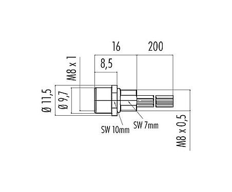 Scale drawing 76 6018 0111 00004-0200 - M8 Female panel mount connector, Contacts: 4, unshielded, single wires, IP67/IP69K, UL, M8x0.5