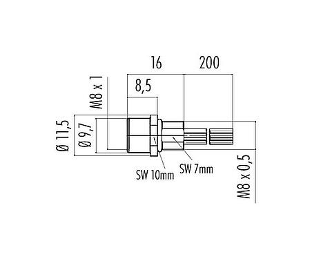 Scale drawing 76 6018 0111 00008-0200 - M8 Female panel mount connector, Contacts: 8, unshielded, single wires, IP67/IP69K, UL 2238, M8x0.5