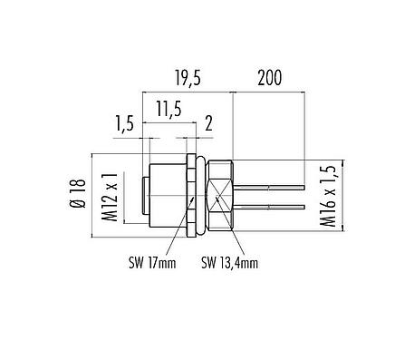 Dessin coté M12 Embase femelle, Contacts: 12, non blindé, fils, IP67, UL 2238, M16x1,5, Montage frontal, coulé
