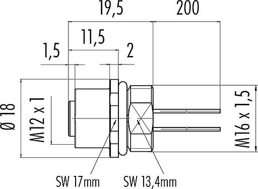 Dibujo a escala M12 Toma de brida, Número de contactos: 5, sin blindaje, hilos, IP67, UL 2238, M16x1,5, Montaje frontal