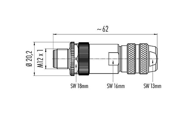 Dibujo a escala M12 Conector de cable macho, Número de contactos: 4, 6,0-8,0 mm, blindable, abrazadera de alambre, IP67, M12x1,0