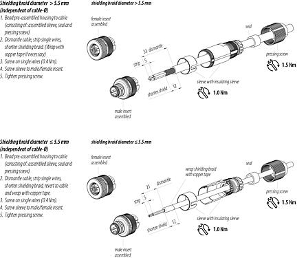 Assembly instructions M12 Female cable connector, Contacts: 4, 5.0-8.0 mm, shieldable, screw clamp, IP67, UL 2238, iris spring