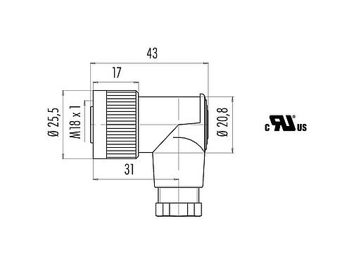 Dibujo a escala M18 Conector hembra en ángulo, Número de contactos: 4, 6,5-8,0 mm, sin blindaje, tornillo extraíble, IP67, UL