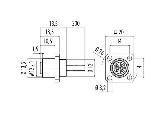 Scale drawing M12 Square female panel mount connector, Contacts: 8, unshielded, single wires, IP40, UL 2238, M3 (4x), Front mounting, potted