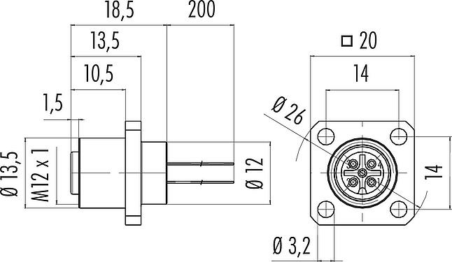 Dibujo a escala M12 Conector hembra cuadrado de montaje en panel, Número de contactos: 12, sin blindaje, hilos, IP40, UL 2238, M3 (4x), Montaje frontal, moldeado