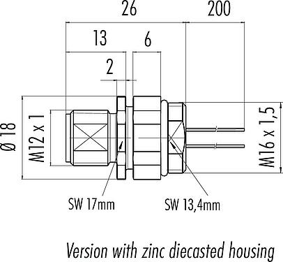 Scale drawing M12 Male panel mount connector, Contacts: 4, unshielded, single wires, IP68, UL 2238, M16x1.5, Front mounting