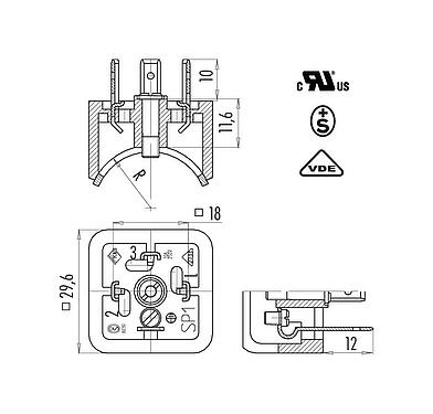 Scale drawing Male power connector, contacts angled inwards, Contacts: 2+PE, unshielded, solder, IP40 without seal, UL, ESTI+, VDE