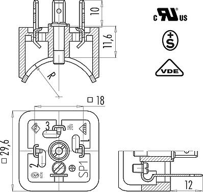 Scale drawing Male power connector, contacts angled inwards, Contacts: 2+PE, unshielded, solder, IP40 without seal, UL, ESTI+, VDE