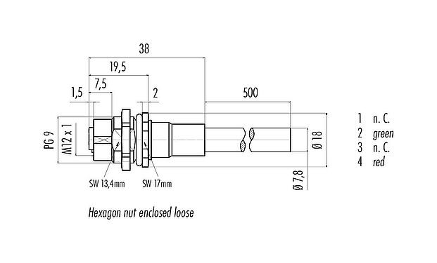 Dessin coté M12 Embase femelle, Contacts: 2, blindé, assemblés avec câble, IP68, PG 9, Profibus, PUR, violet, 1 x 2 x 0,25 mm², Montage mural arrière, 0,5 m