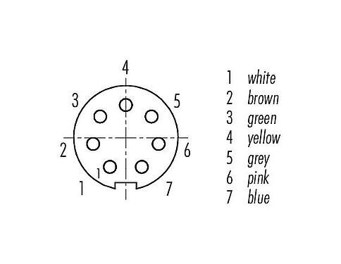 Contact arrangement (Plug-in side) M9 Female angled connector, Contacts: 7, shielded, moulded on the cable, IP67, PUR, black, 8 x 0.14 mm², 2 m
