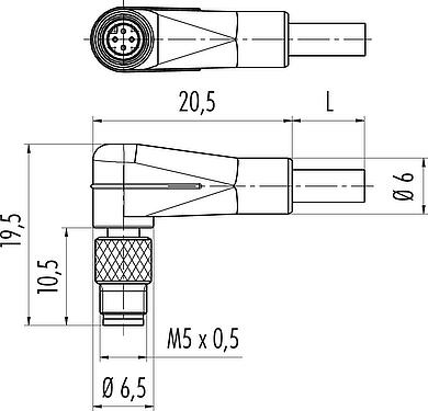 Scale drawing M5 Male angled connector, Contacts: 3, unshielded, moulded on the cable, IP67, UL 2238, M5x0.5, PUR, black, 3 x 0.25 mm², 5 m