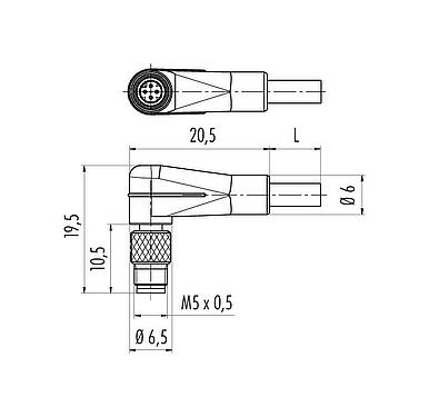Scale drawing M5 Male angled connector, Contacts: 4, unshielded, moulded on the cable, IP67, UL 2238, M5x0.5, PUR, black, 4 x 0.25 mm², 2 m