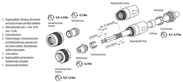 Instructions de montage M9 Connecteur mâle, Contacts: 5, 3,5-5,0 mm, blindable, souder, IP67, avec manchette de protection