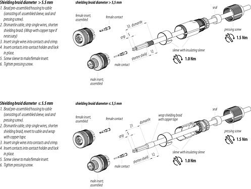 Instrucción de montaje M12 Conector de cable macho, Número de contactos: 4, 5,0-8,0 mm, blindable, crimpado (los contactos de crimpado deben pedirse por separado), IP67