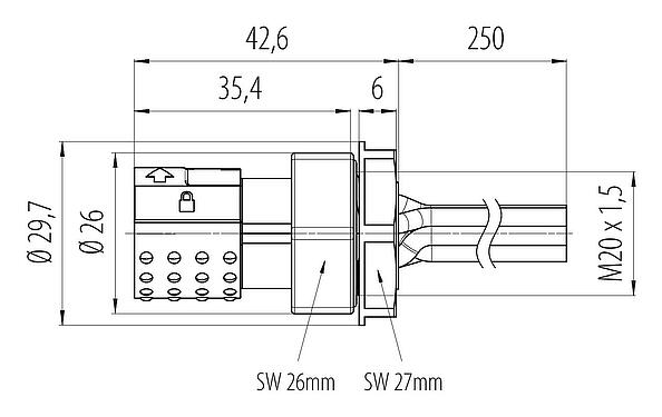 Scale drawing Bayonet Female panel mount connector, Contacts: 6, shieldable, single wires, IP66/IP67, UL 2237, M20x1.5, Front mounting