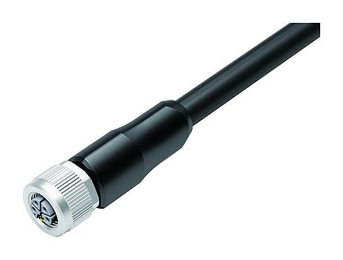 Illustration M12 Connecteur femelle, Contacts: 4+FE, non blindé, surmoulé sur le câble, IP68, UL 2238, M12x1,0, PUR, noir, 5 x 1,50 mm², 2 m