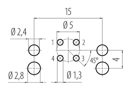 Disposición del conductor M12 Enchufe de ángulo brida, Número de contactos: 4, sin blindaje, THR, IP68, UL 2238, Montaje frontal, para montaje de PCB, diseño de dos partes