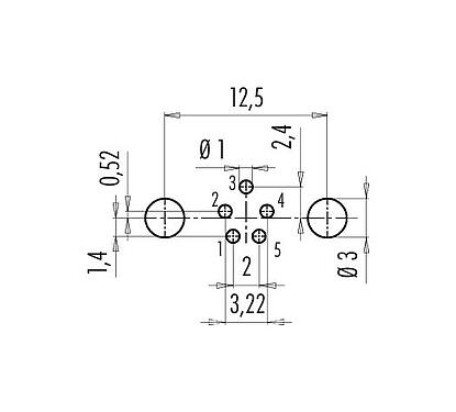 Conductor layout 09 0416 55 05 - M9 Female angled panel mount connector, Contacts: 5, shieldable, THT, IP67, front fastened