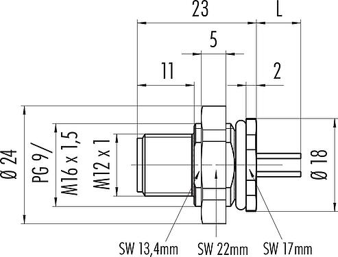 Scale drawing M12 Male panel mount connector, Contacts: 12, unshielded, single wires, IP67, M16x1.5, Rear mounting, potted