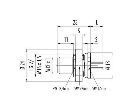 Scale drawing M12 Male panel mount connector, Contacts: 12, unshielded, single wires, IP67, M16x1.5, Rear mounting, potted