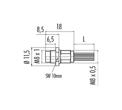 Scale drawing 76 6019 0118 00012-0200 - M8 Male panel mount connector, Contacts: 12, unshielded, single wires, IP67/IP69K, UL, M8x0.5
