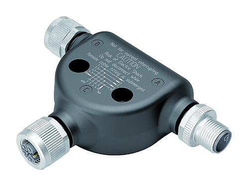 Ilustración M12 Distribuidor doble, distribuidor de T, macho - 2 tomas, Número de contactos: 4+FE, sin blindaje, IP65, M12x1,0