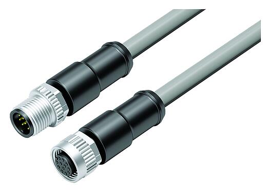 Illustration M12 Connecting cable male cable connector - female cable connector, Contacts: 12, unshielded, moulded on the cable, IP67/IP69K, UL 2238, PVC, grey, 12 x 0.25 mm², 5 m