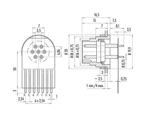 Conexión y dimensiones
M16 Enchufe de brida, Número de contactos: 7 (07-a), sin blindaje, THT, IP40, M18x0,75, Montaje en pared, moldeado