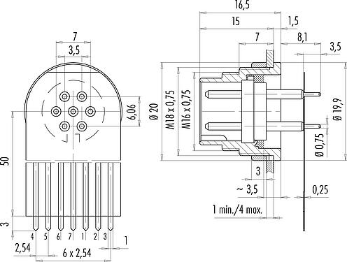 Connection & dimensions M16 Male panel mount connector, Contacts: 7 (07-a), unshielded, THT, IP40, M18x0,75, Rear mounting, potted