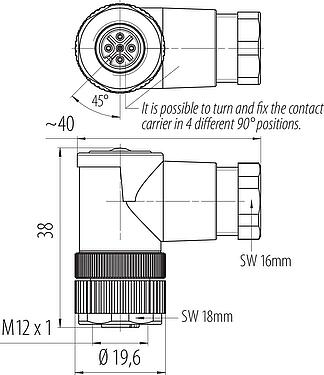 Scale drawing M12 Female angled connector, Contacts: 5, 6.0-8.0 mm, unshielded, screw clamp, IP67, UL 2238, PG 9
